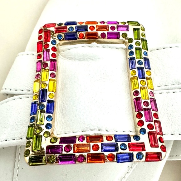 Franco Sarto Capri White Slide Sandals 6.5 Rainbow Crystal Buckle Designer Flats - Picture 6 of 10